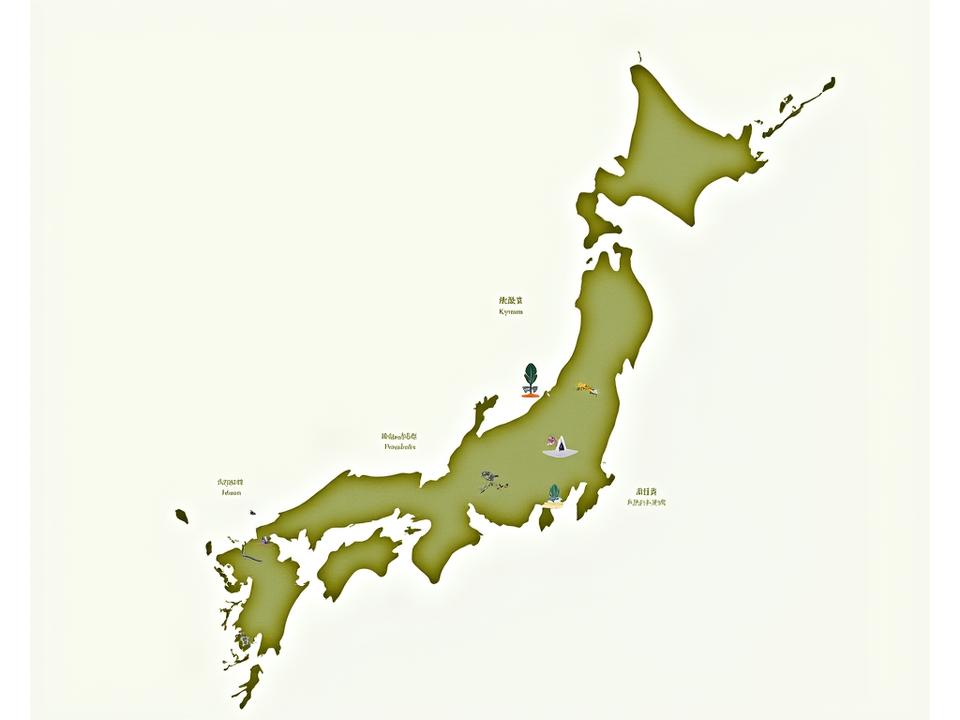 日本地図上に、北海道、沖縄、京都、九州といった主要な素材調達地のマーカーが配置されており、それぞれの地域から採れる天然素材の名称が添えられているインフォグラフィック